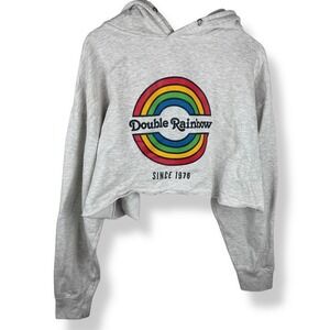 Double Rainbow Oversized Cropped Hoodie Womens Size‎ XL Gray Retro Pride Raw Hem